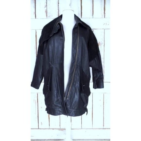 80s vintage black  suede leather Dolman sleeve long cocoon jacket/Gino di Giorgi - Picture 2 of 5
